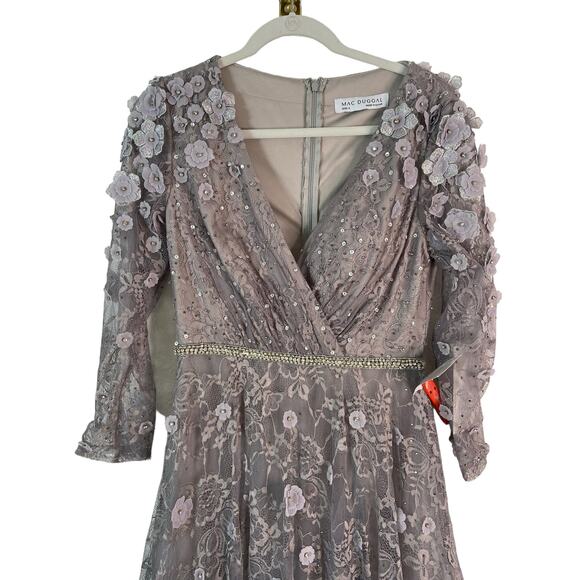 Mac Duggal Long Sleeve Floral Applique Embellished Lace Dress Sterling Size 8 - Picture 7 of 16
